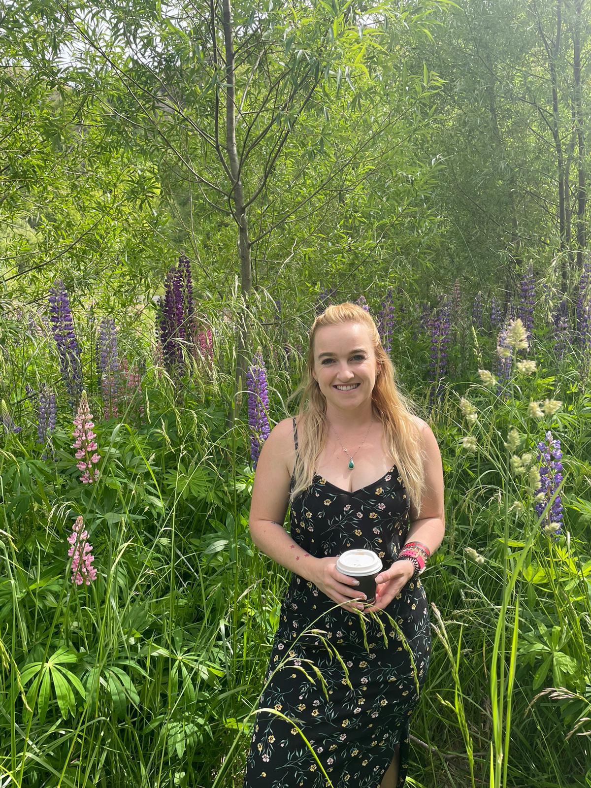 Johanna in a garden of lupins